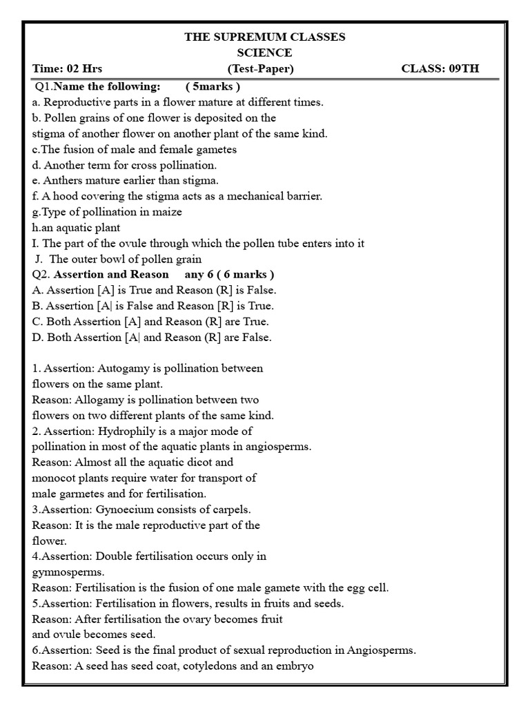 Class 9 Pollination and Fertilization Test | PDF | Flowers | Fertilisation