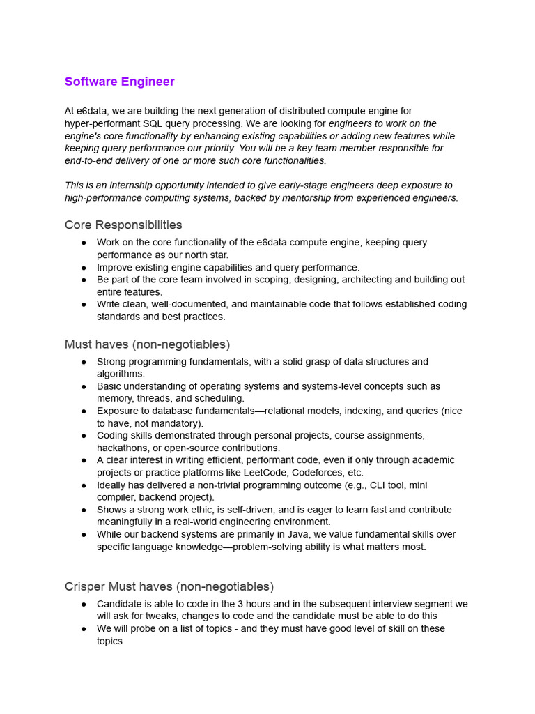 e6data Software Engineer Internship | PDF | Computer Programming ...