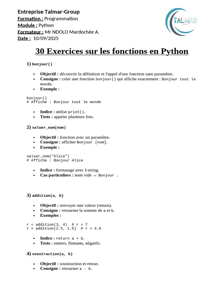 Exercices sur les fonctions Python | PDF | Structure de contrôle ...
