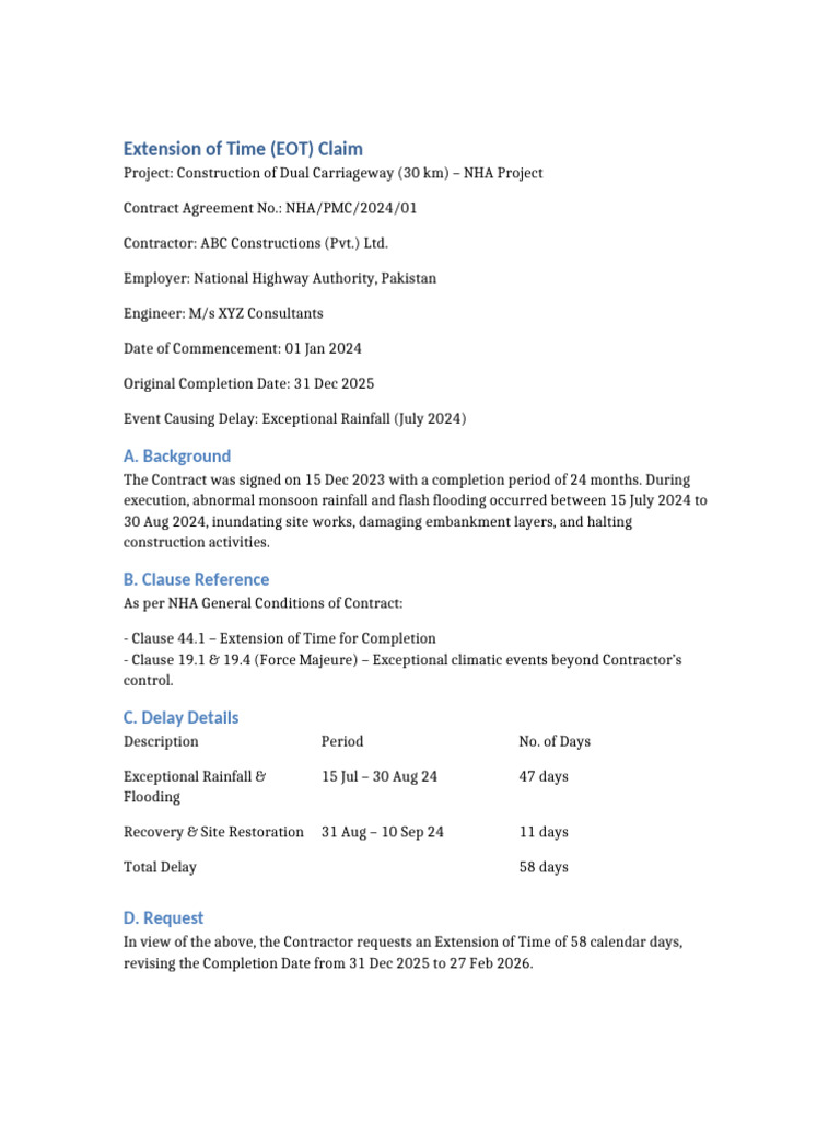 EOT and Idling Claim for NHA Project | PDF | Natural Disasters ...