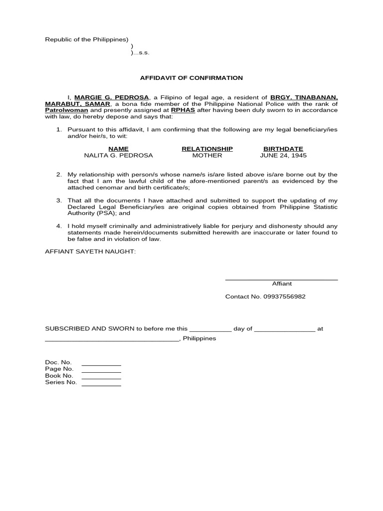 Format Affidavit of Confirmation Aoc | PDF