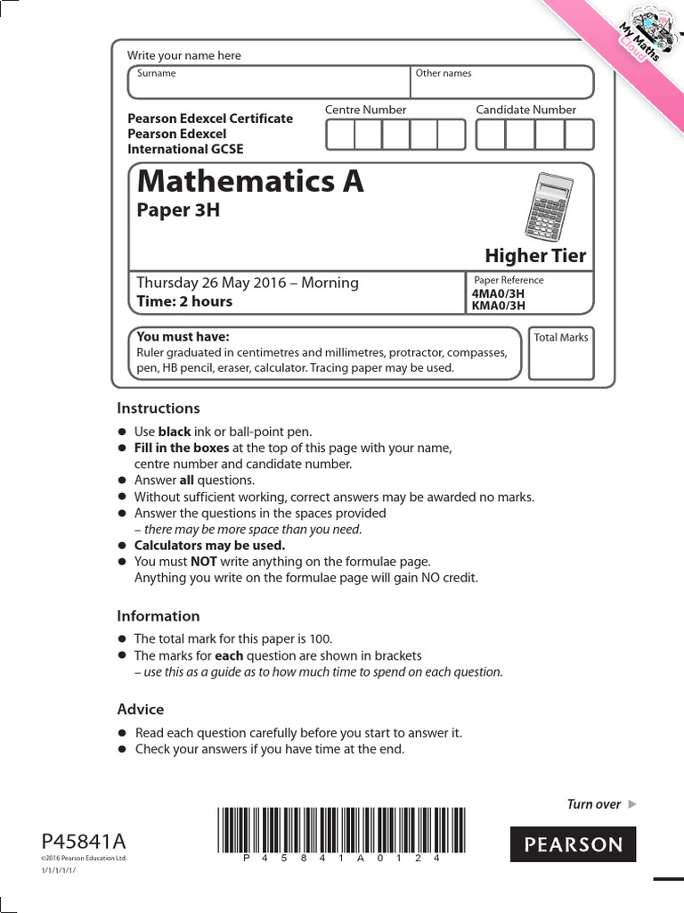 Mathematics Paper 3H - 26 May 2016 | PDF | Area | Geometry