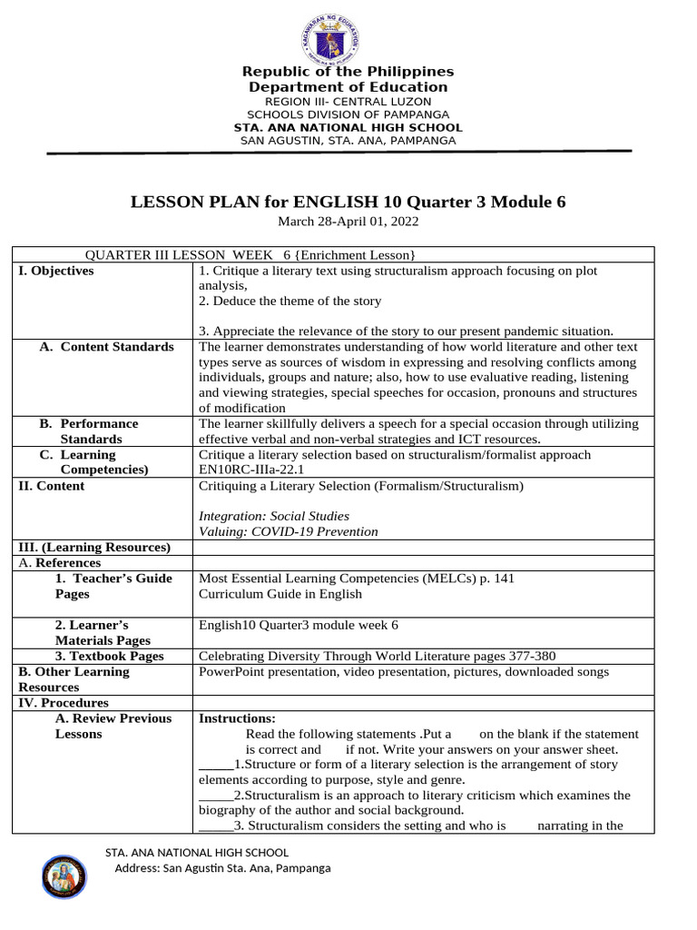 English 10 Lesson Plan: Literary Critique | PDF | Lesson Plan | Learning