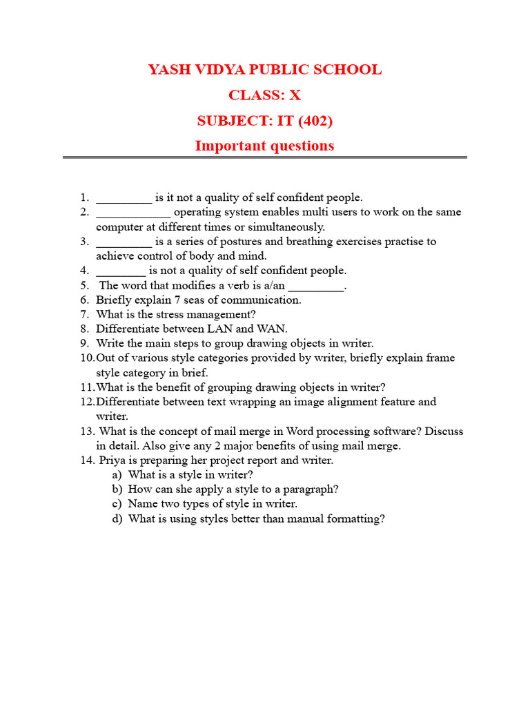Important IT Questions for Class X | PDF