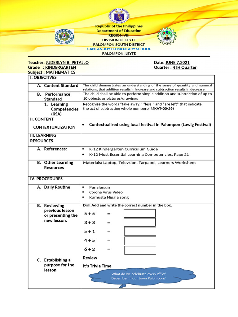 Kindergarten Math Lesson Plan | PDF | Subtraction | Learning