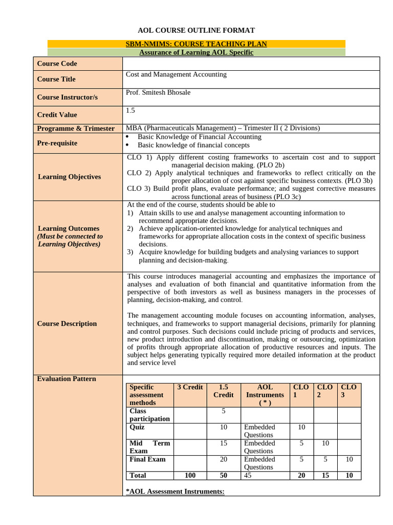 Cost and Management Accounting Course Outline | PDF | Management ...