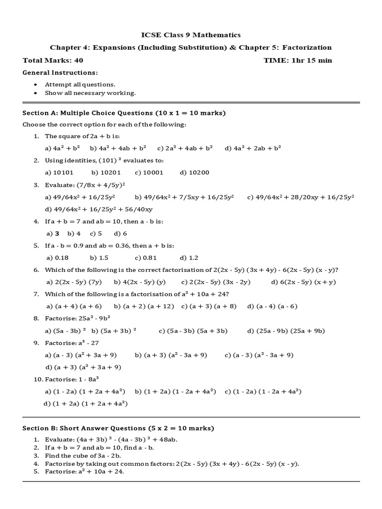 ICSE Class 9 Math: Expansions & Factorization | PDF | Chess | Chess Theory