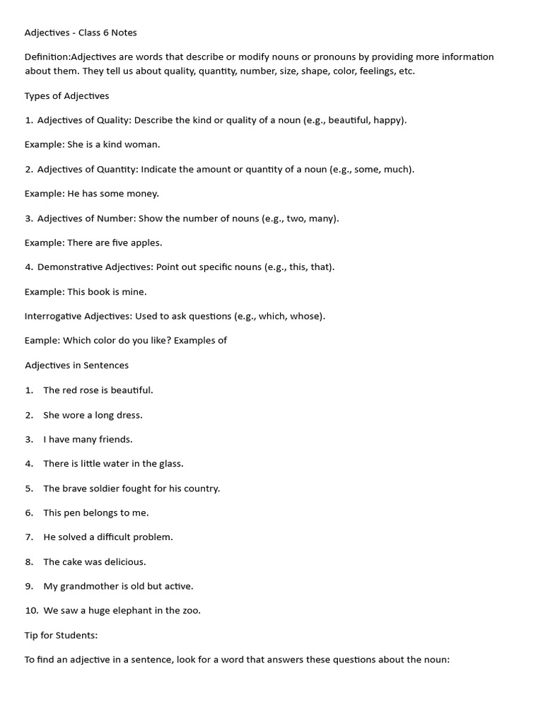 Adjective Definition for Class 6 | PDF | Pronoun | Noun