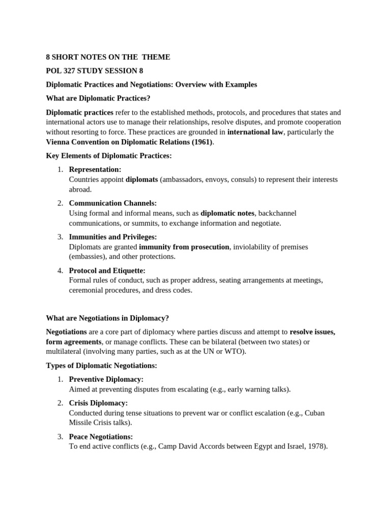 Diplomatic Practices & Negotiations Overview | PDF | Diplomacy ...