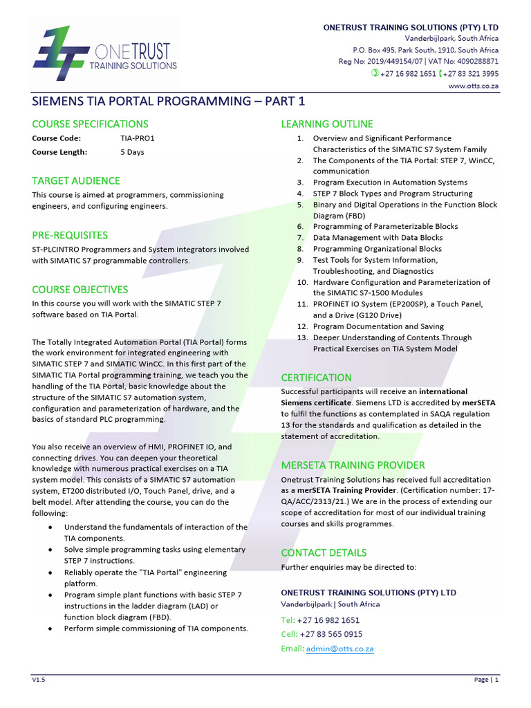 Siemens TIA Portal Programming Course | PDF | Computing | Computer ...