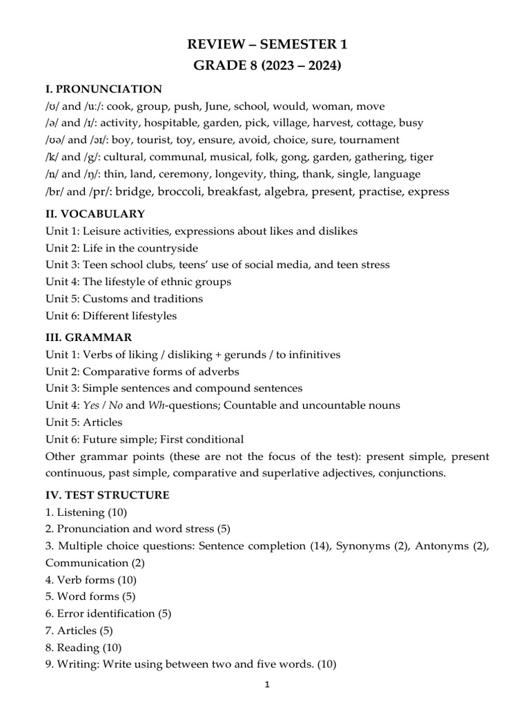 Grade 8 Semester 1 Review Guide | PDF | Adjective | Linguistic Morphology