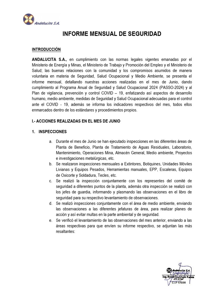 Informe Mensual de Seguridad - Junio 2024 | PDF | Seguridad y salud ...
