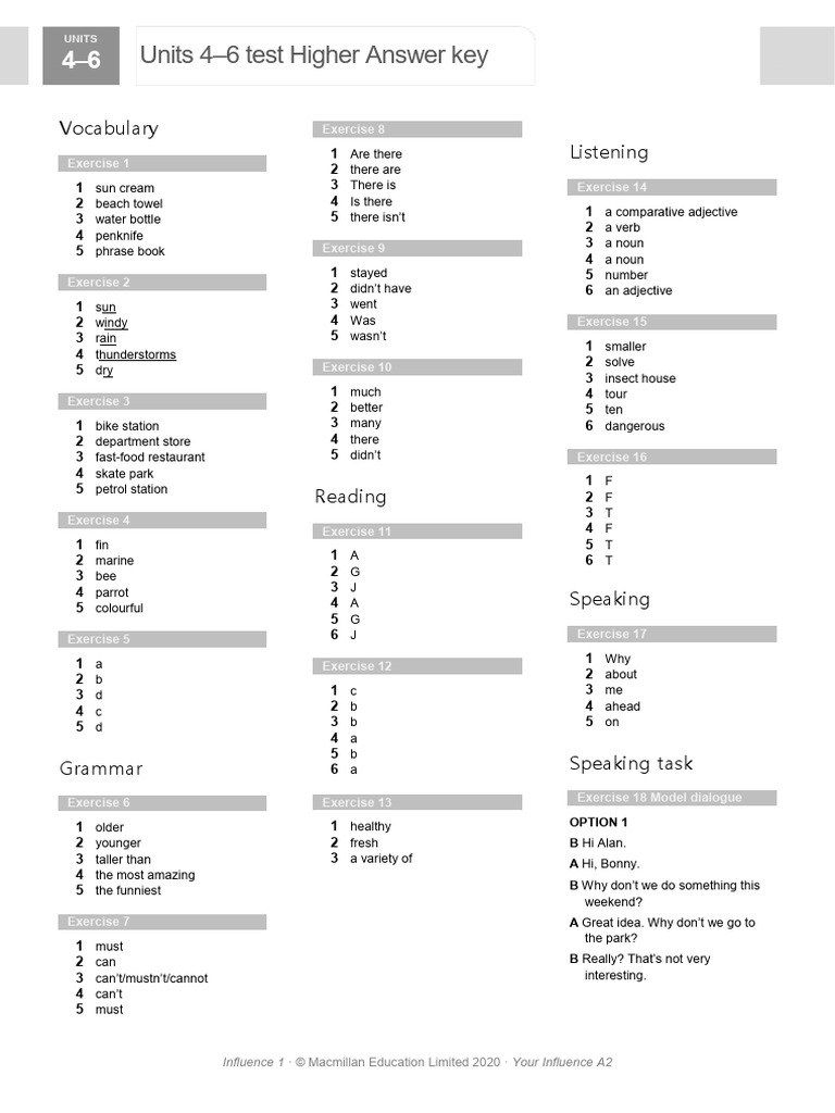 A2 Units 4-6 Test Answer Key | PDF | Linguistics | Grammar