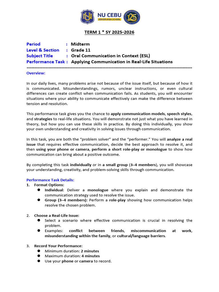 Oral Com - Midterm Performance Task | PDF | Communication | Behavior ...
