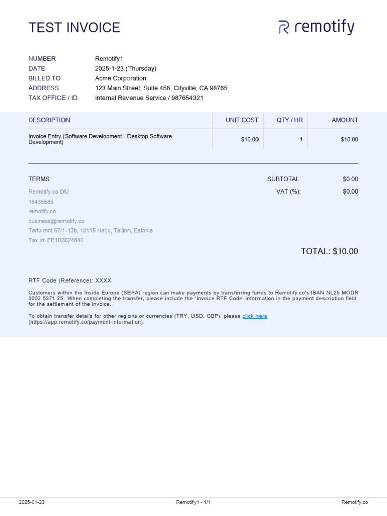 Acme Corp Invoice - Remotify Software | PDF