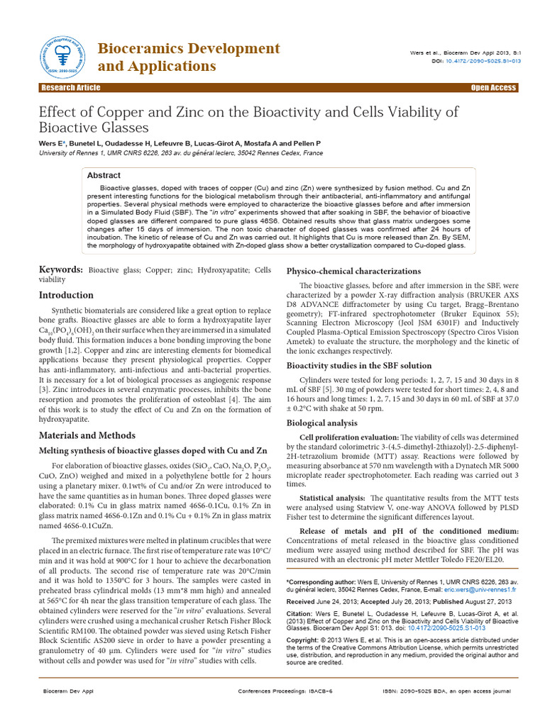 Copper and Zinc in Bioactive Glasses | PDF | Zinc | Physical Sciences