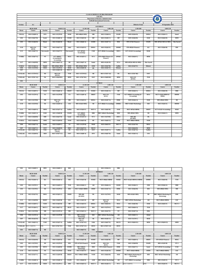 Class Schedule BBA Fall 2025 | PDF