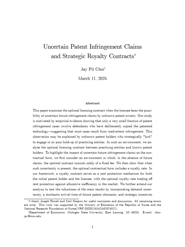 38 Uncertain Patent Infringement Claims and Strategic Royalty Contracts ...