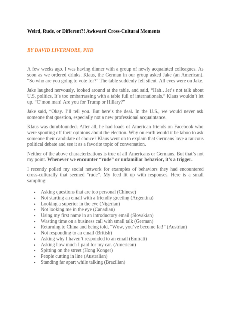 Weird Rude or Different Awkward Cross-Cultural Moments | PDF