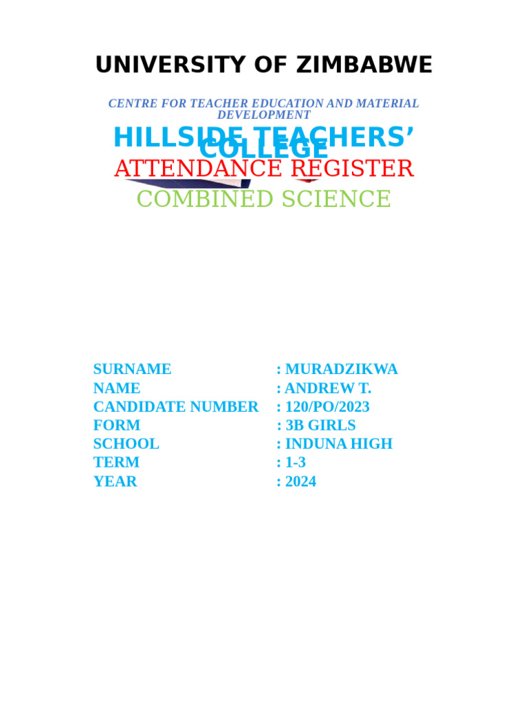 Attendance Register for Combined Science | PDF