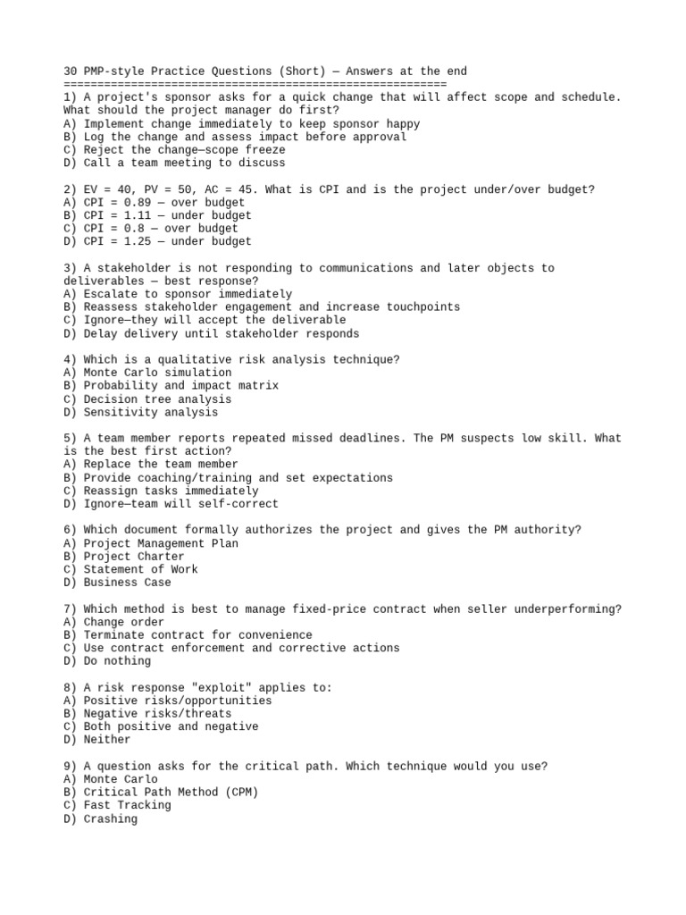 PMP Practice Questions and Answers | PDF | Scrum (Software Development ...