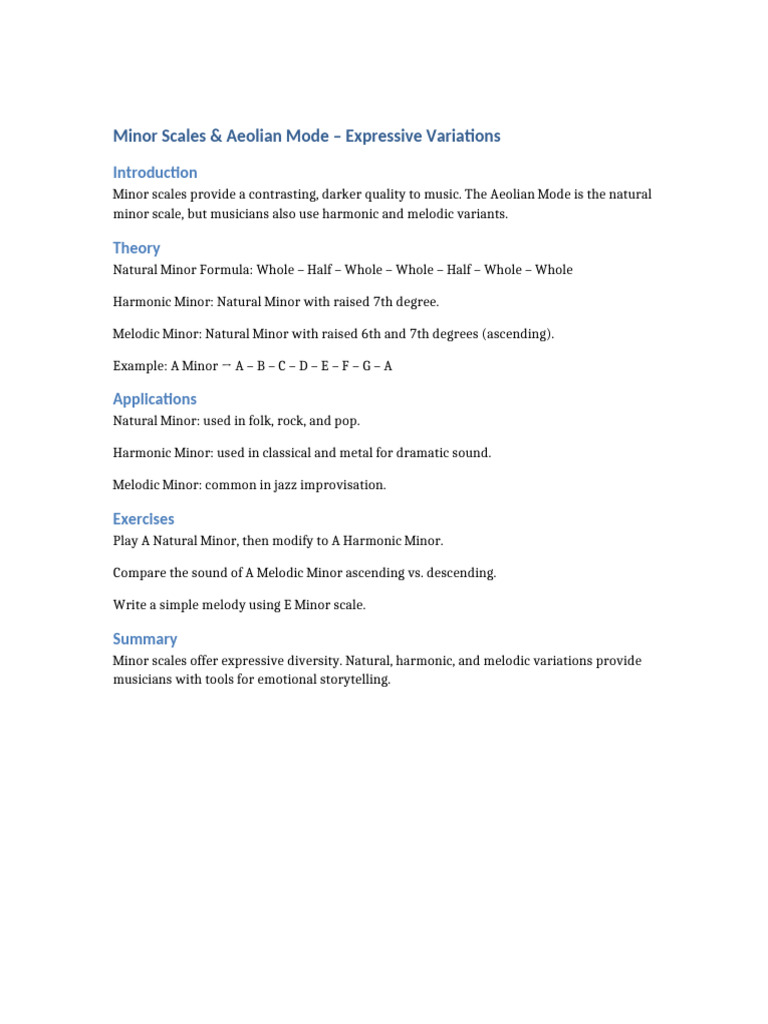 Music Theory Minor Scales Aeolian Mode Pdf