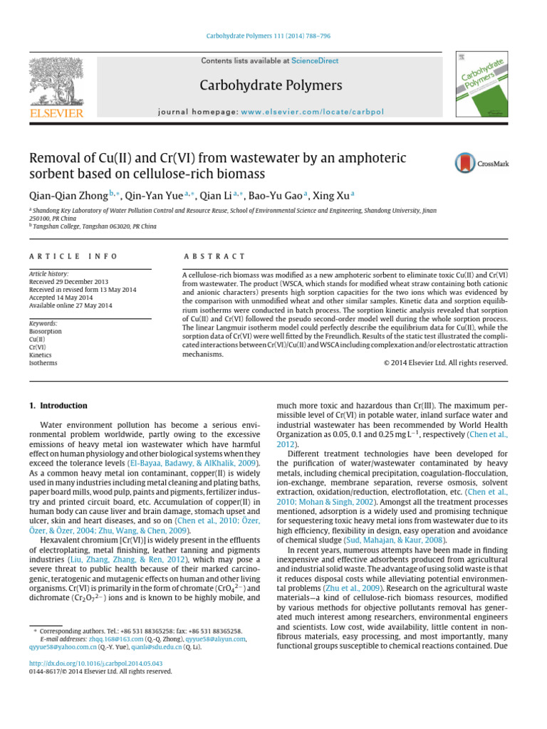 Amphoteric Sorbent for Heavy Metal Removal | PDF | Adsorption | Chromium