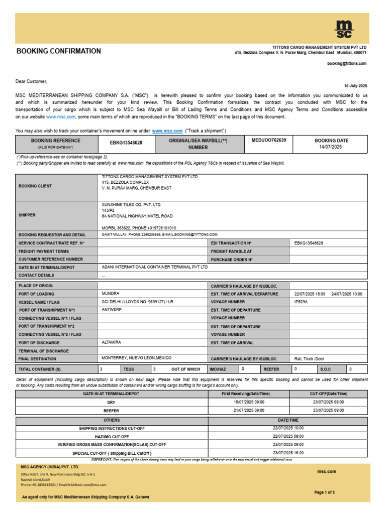 Tittons Cargo Booking Confirmation | PDF | Cargo | Bill Of Lading