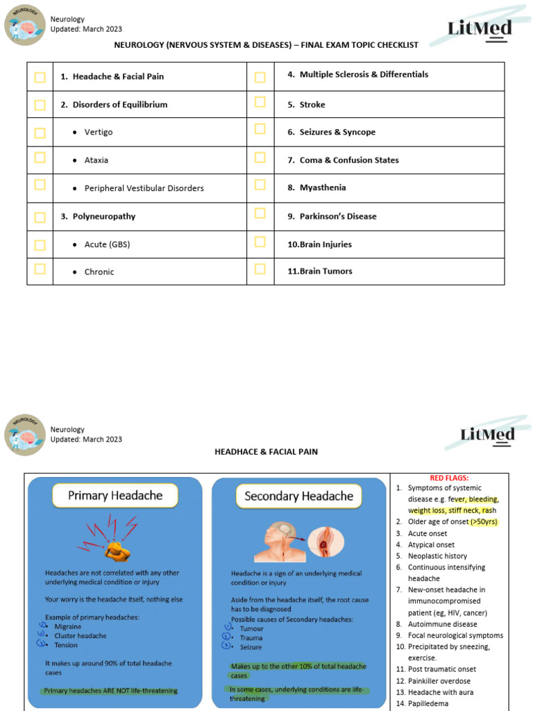 Neurology Exam Checklist: Headaches & More | PDF | Vertigo | Multiple ...