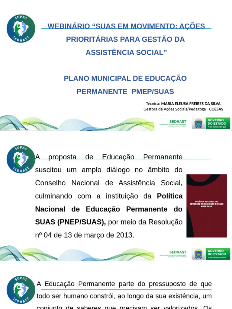 Educação Permanente no SUAS: PMEP/MS | PDF | Trabalho social | Educação ...