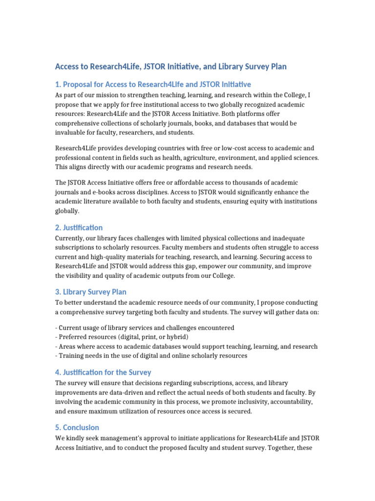 Access to Research4Life & JSTOR Proposal | PDF | Libraries | Academic ...