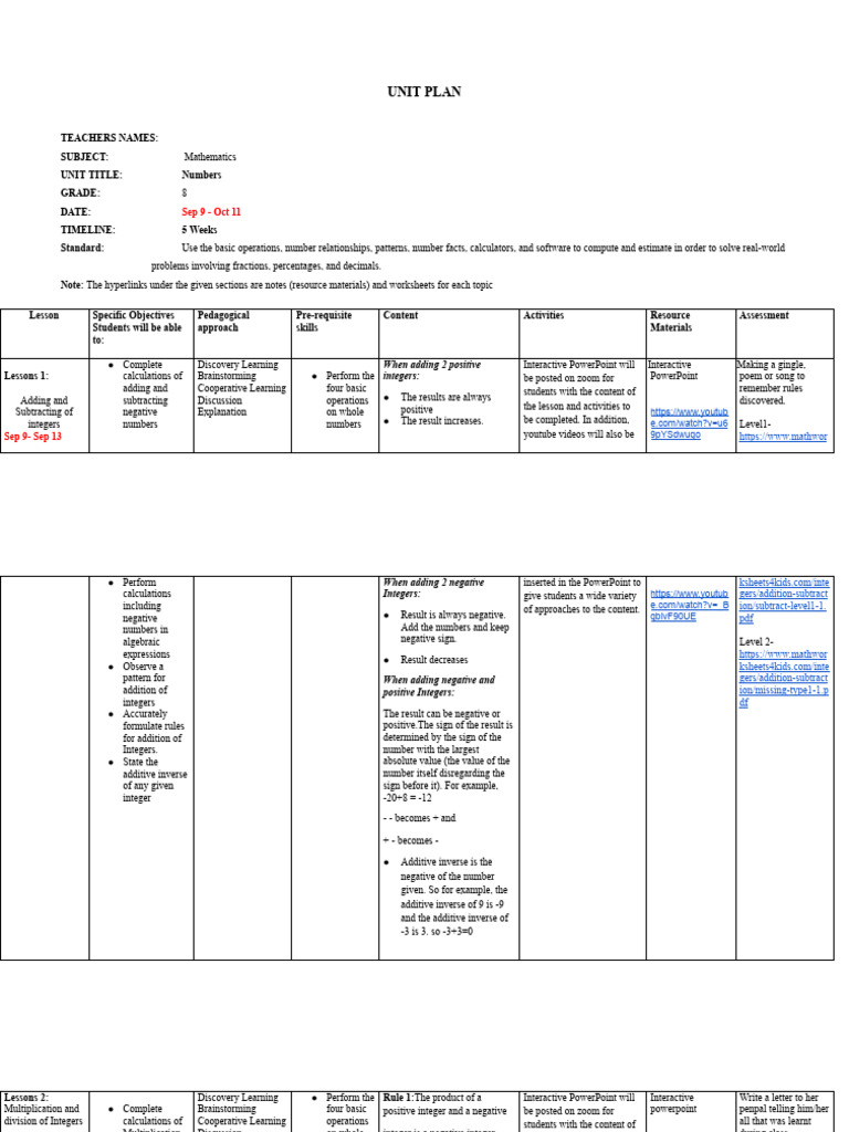 Grade 8 Mathematics Unit Plan: Numbers | PDF | Numbers | Multiplication