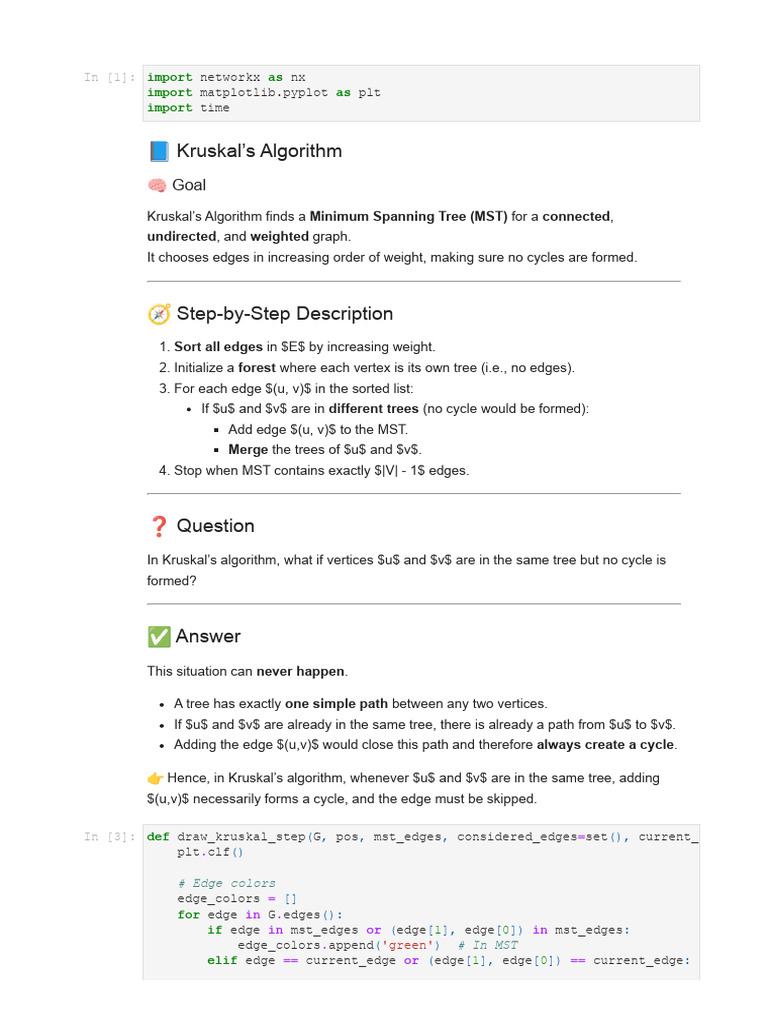 Kruskal's Algorithm for Minimum Spanning Tree | PDF | Computational ...