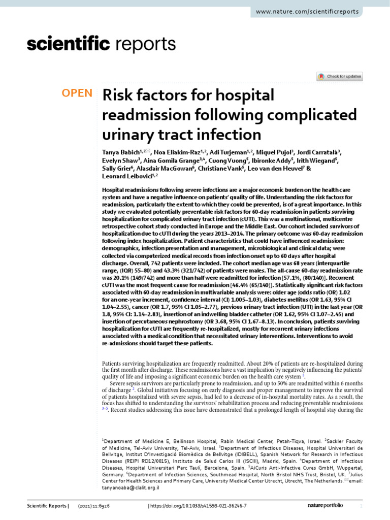Risk Factors for cUTI Readmission | PDF | Infection | Medical Specialties
