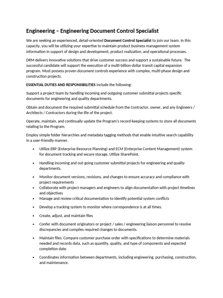 Document Control Specialist for Engineering | PDF | Share Point ...