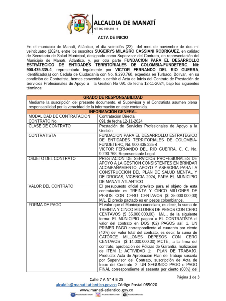 Acta de Inicio Contrato Salud Mental Manatí | PDF