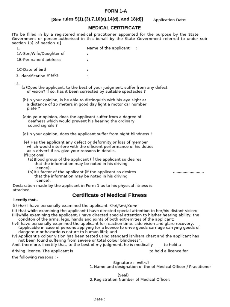 Form 1-A (See Rules 5 (1), (3), 7,10 (A), 14 (D), and 18 (D) ) Medical ...