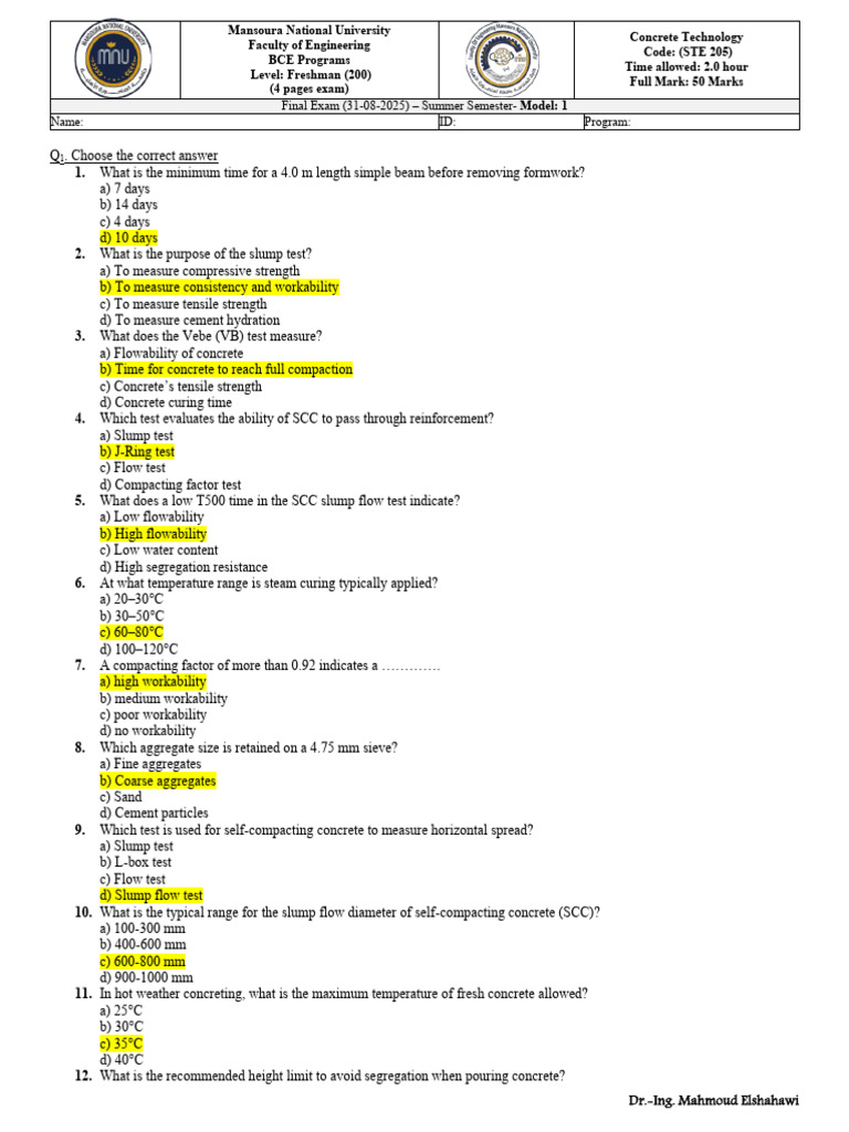 Final Exam 2025 Concrete Technology Model 1 Answers 1 | PDF | Concrete ...