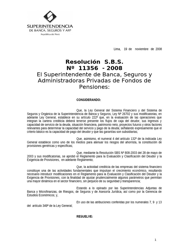 Resolución SBS Clasificación #11356-2008 | PDF | Préstamos | Bancos