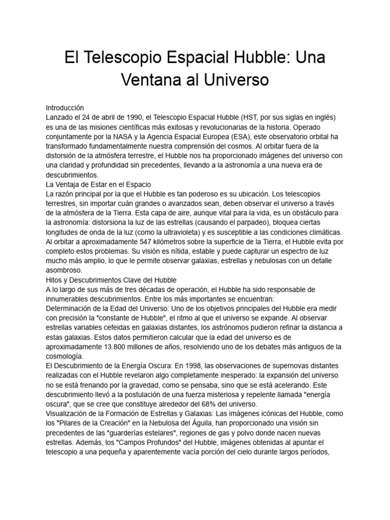 El Telescopio Espacial Hubble - Una Ventana Al Universo | PDF ...