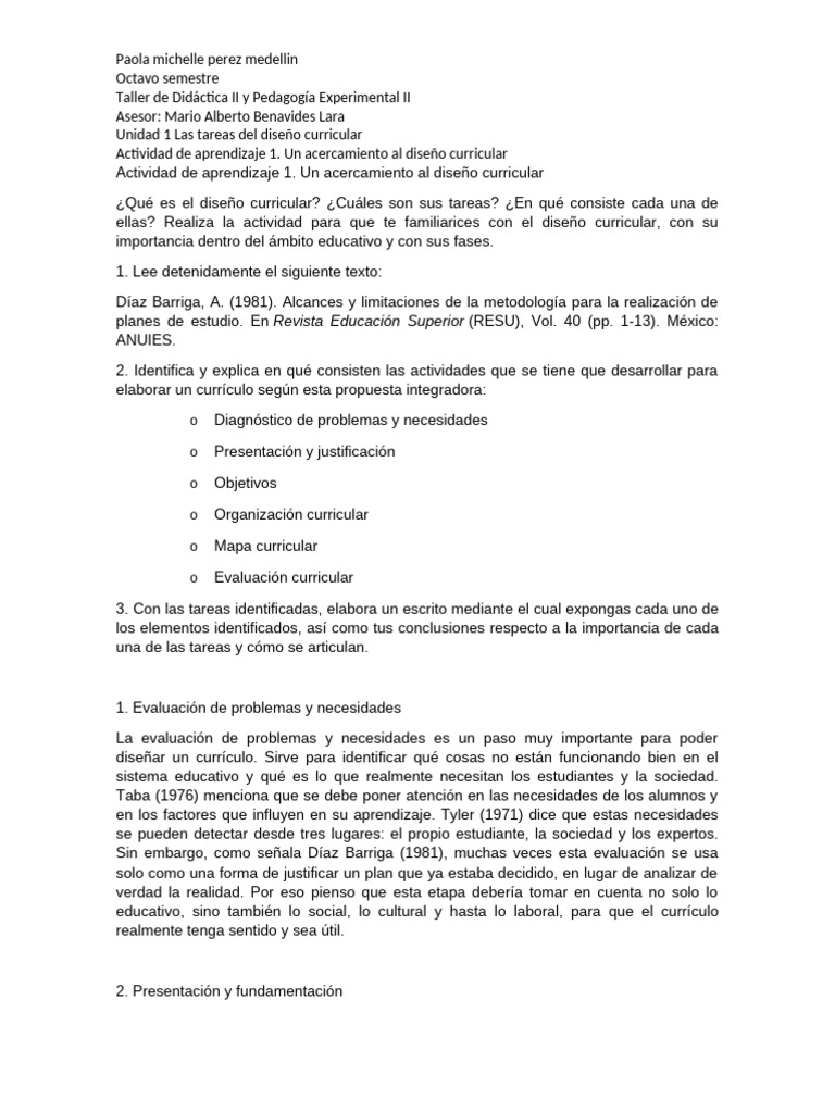 A1 U1 Perez Paola-Eexp | PDF | Plan de estudios | Evaluación