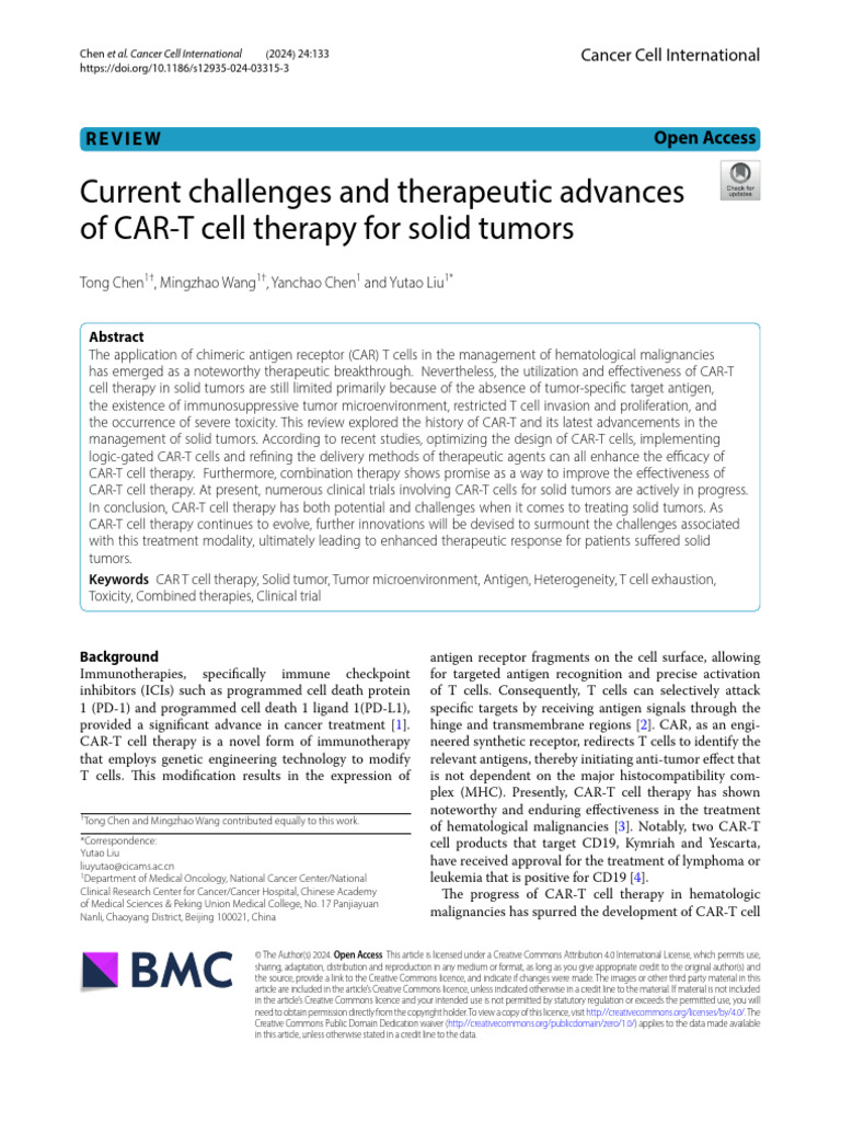 CAR-T Cell Therapy Advances for Solid Tumors | PDF | T Cell | Antigen