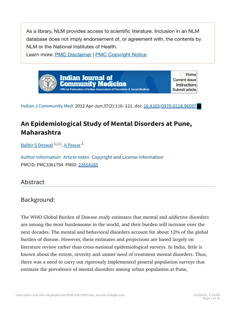 Mental Disorders Prevalence in Pune Study | PDF | Mental Disorder ...