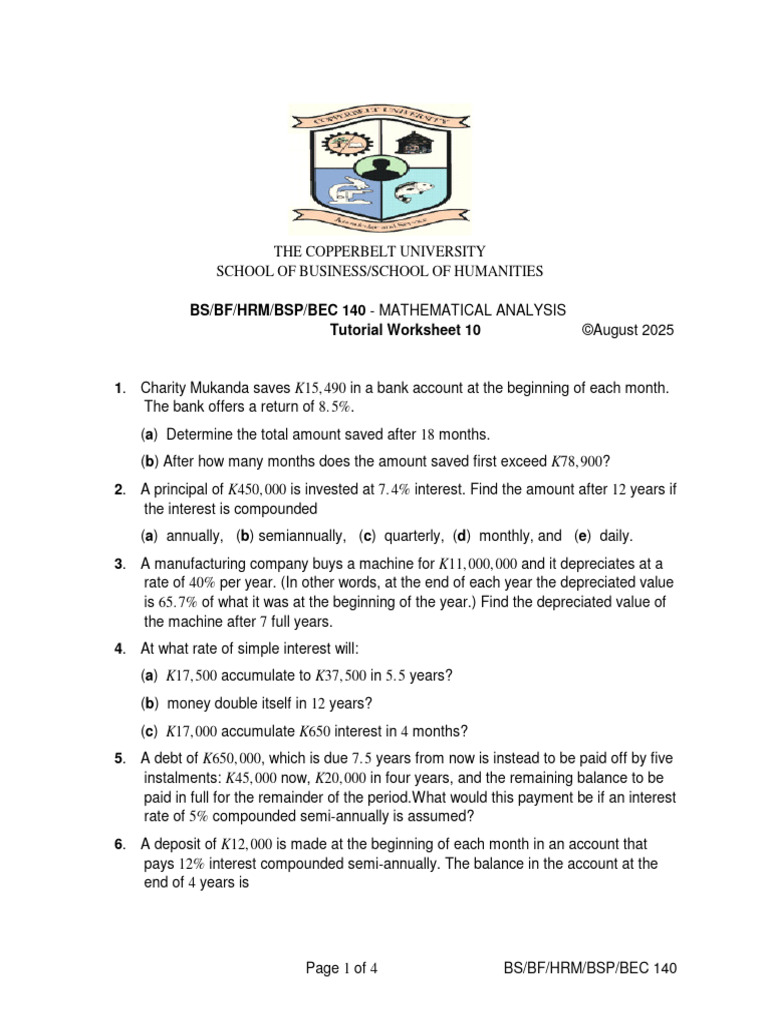 Mathematical Analysis Tutorial Worksheet | PDF | Internal Rate Of ...
