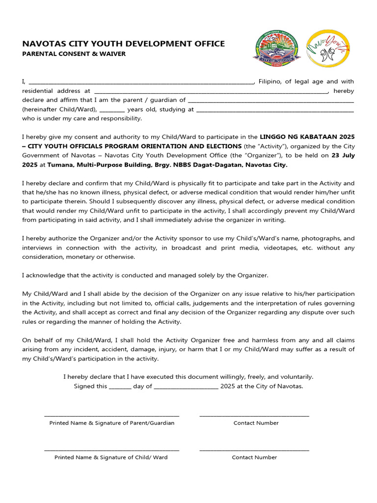 Navotas City Youth Program Consent Form | PDF | Justice | Crime & Violence