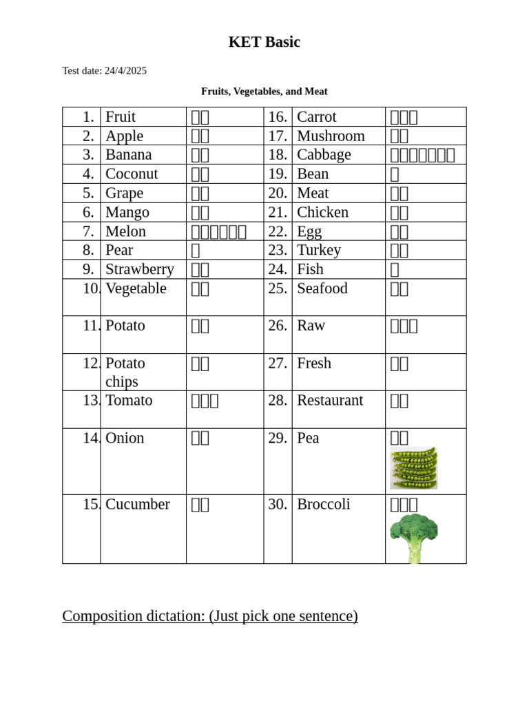 KET Basic Vocabulary: Food & Composition | PDF