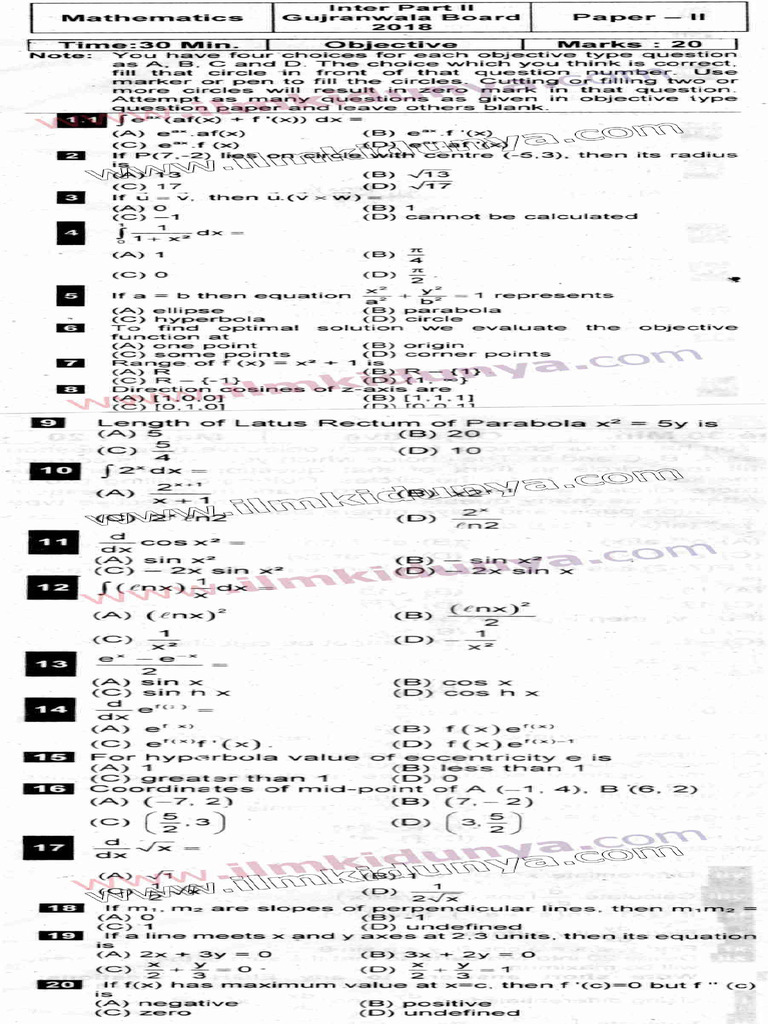 Past Papers Gujranwala Board 2018 Inter Part 2 Mathematics English ...