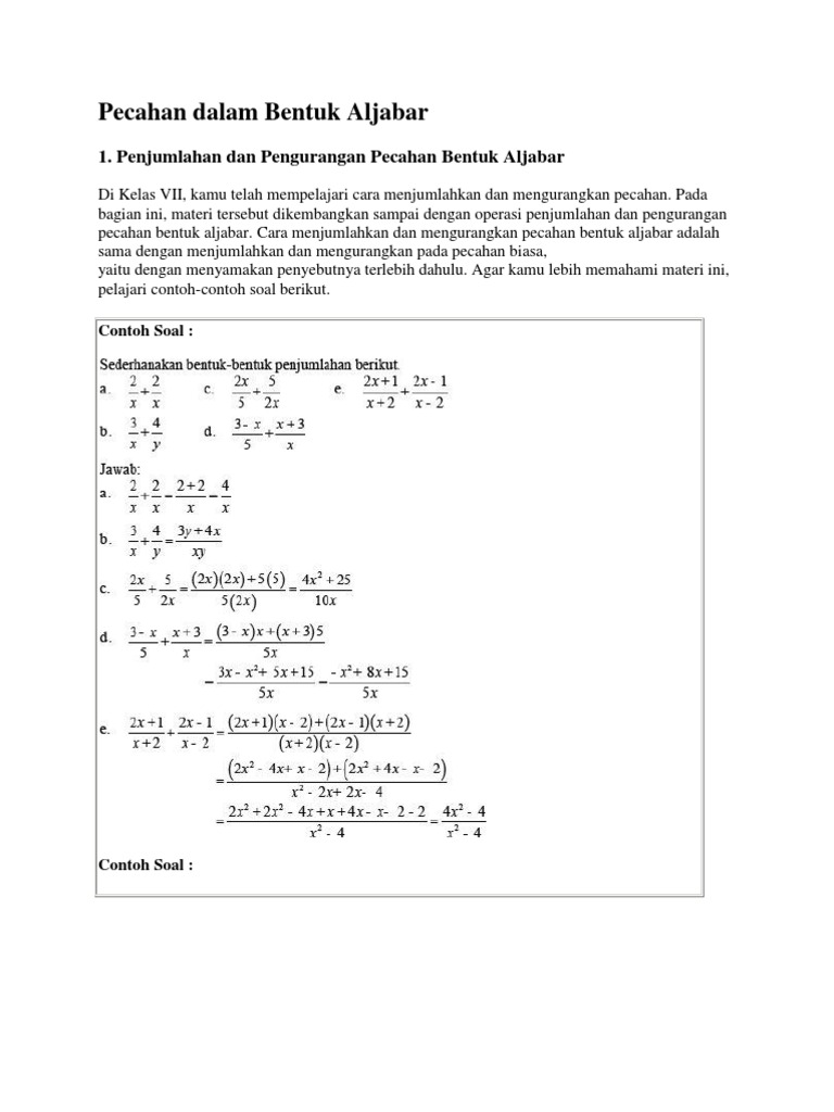 Pecahan Dalam Bentuk Aljabar