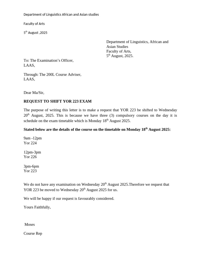 Request to Reschedule YOR 223 Exam | PDF