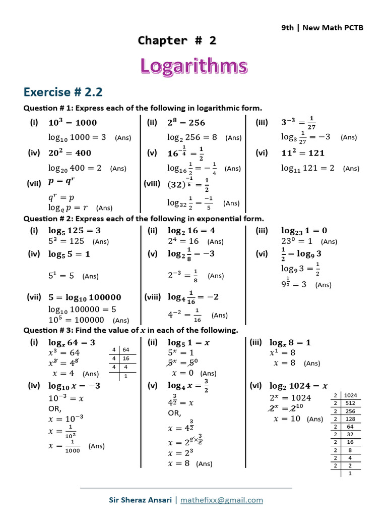 Logarithms Exercise Solutions for 9th Grade | PDF | Arithmetic